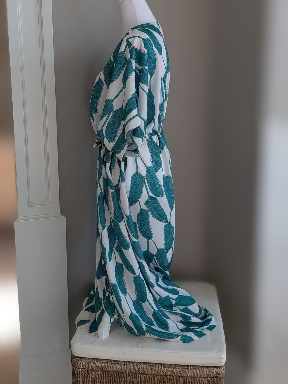 Green Leaf Print Swim Coverup with Drawstring Waist-20W - Picture 4 of 9